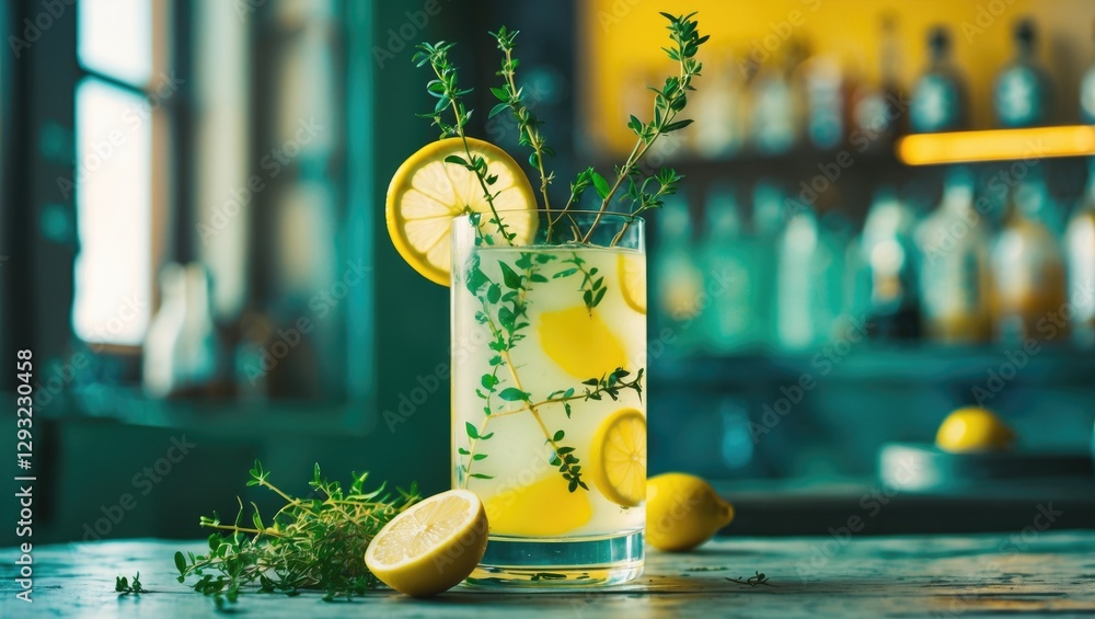 Poster refreshing herb-infused lemon beverage garnished with thyme and lemon slices on a rustic wooden tabl