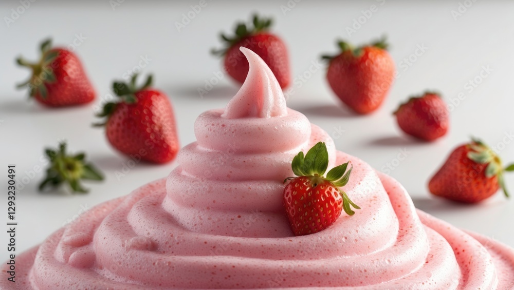 Poster strawberry whipped foam with fresh berries on a white background and blank space for text placement