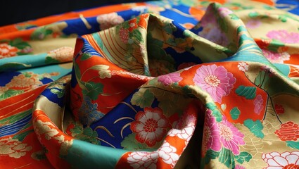 Fototapeta premium Vibrant traditional Japanese silk fabric draped elegantly showcasing intricate floral patterns and rich colors for textile design inspiration.