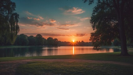 Scenic vintage view of a tranquil lake at sunset with reflections and lush greenery in a serene park environment.