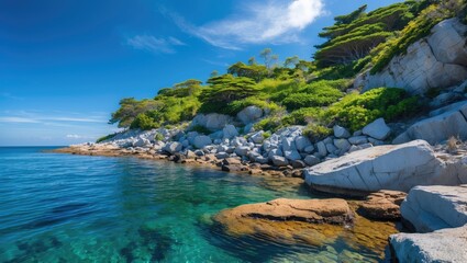 Obraz premium Tranquil Rocky Shoreline with Lush Vegetation and Clear Blue Waters Under Sunny Skies Ideal for Coastal Nature and Landscape Photography