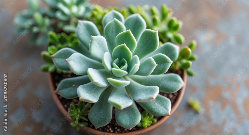 Poster potted succulent plant with vibrant green leaves isolated on a rustic background featuring ample spa