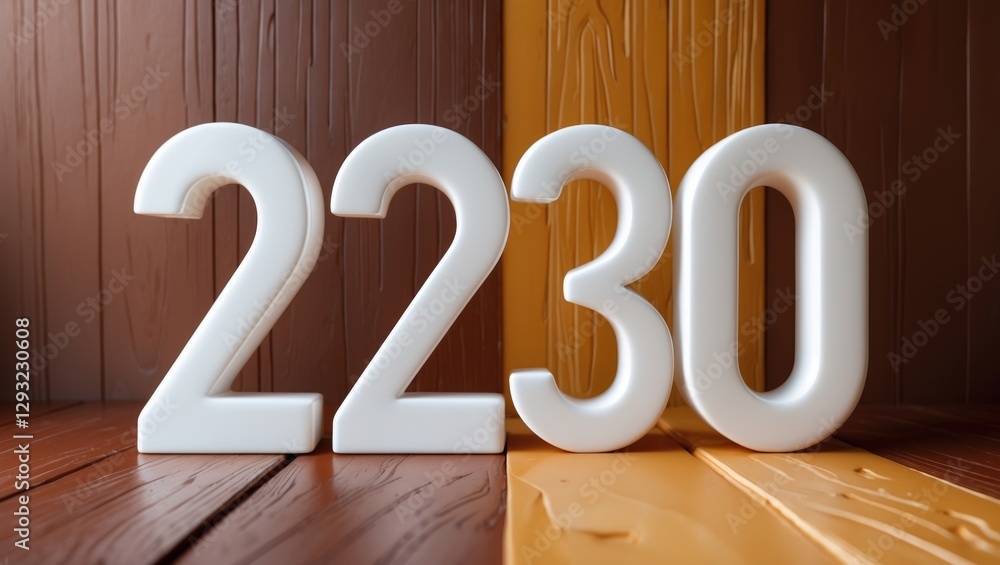 Poster white numerals 2230 displayed on a textured brown and light brown wooden background creating a warm 
