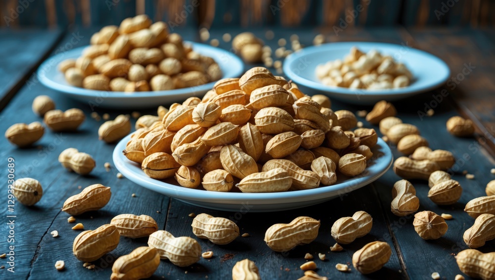 Poster roasted peanuts in various stages on white plates arranged on a rustic wooden table background conve