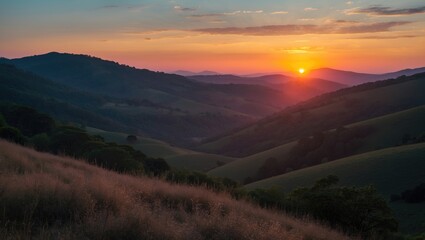 Obraz premium Tranquil Sunset Illuminating Rolling Hills with Vibrant Sky and Gentle Landscape in Natural Scenic Beauty