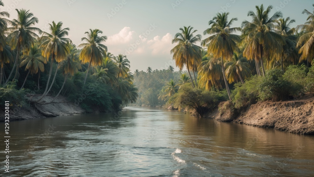 Poster scenic river flowing through lush palm forest with tranquil reflections and empty space for text and