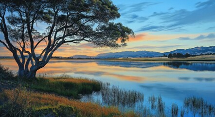 Fototapeta premium Morro Bay Landscape. Tranquil Blue Lake with Water and Tree Silhouettes at Sunset