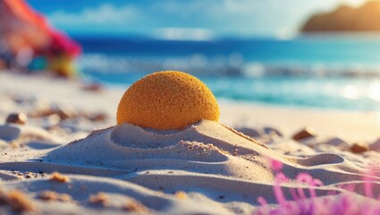 Vibrant Sandy Beach Scene with Textured Sand and Softly Blurred Ocean Waves in the Background Under Warm Summer Light