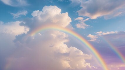 Pastel Sky with Rainbow and Fluffy Clouds Under Soft Natural Light
