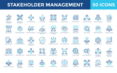 Stakeholder Management icon set with expectation management, stakeholder identification, network building, trust building, collaboration tools, decision support icon. Simple outline color vector 
