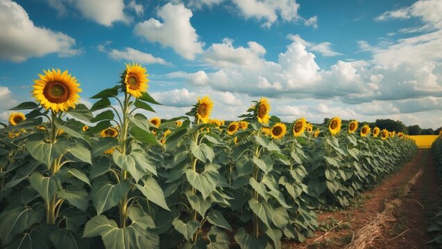 Vibrant sunflower field with blue sky and clouds showcasing lush green leaves and bright yellow flowers in a serene rural landscape.