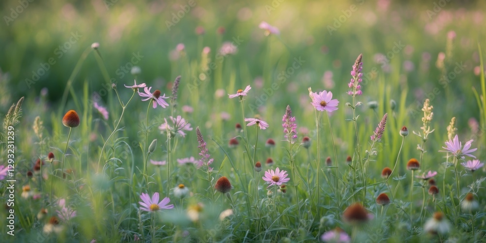 Poster Wildflower field with soft pastel colors and lush greenery creating an abstract background suitable for text overlay and design elements.