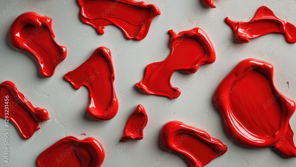 Poster bright red acrylic paint splatters artistically arranged on a light surface showcasing texture and c