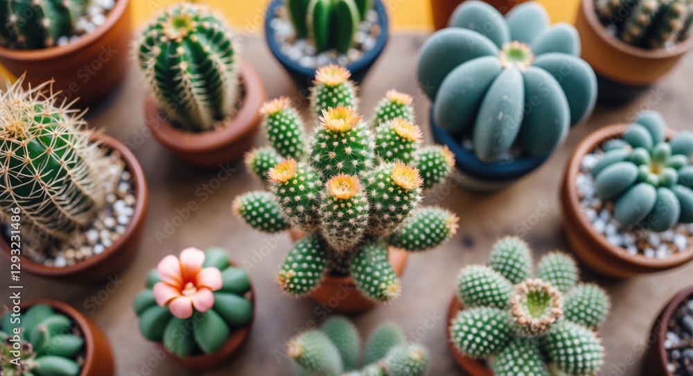 Poster cactus arrangement from above in warm tones with empty space for text ideal for home office decor an