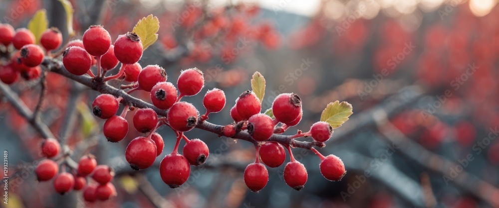 Poster vibrant red winter berries on branch against soft autumn background with space for text and design e