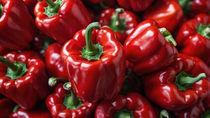 Vibrant close-up of fresh red bell peppers stacked together showcasing their glossy texture and rich color ideal for culinary presentations.