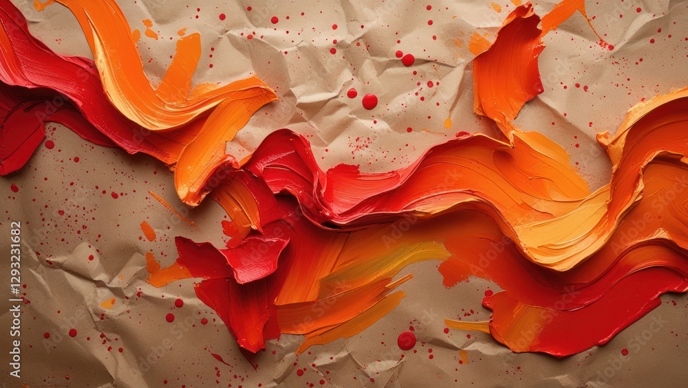 Poster vibrant red and orange abstract painting with textured paper background showcasing dynamic brush str