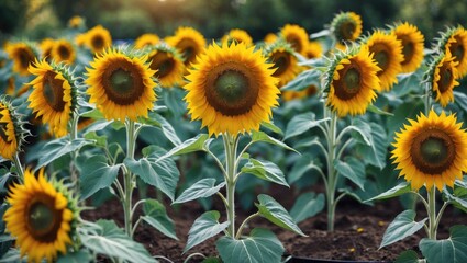 Fototapeta premium Vibrant Sunflowers Blooming in a Lush Garden Under Natural Light