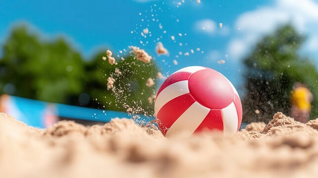 During the beach volleyball game, players dive into the sand to save the ball, sending it soaring through the air.