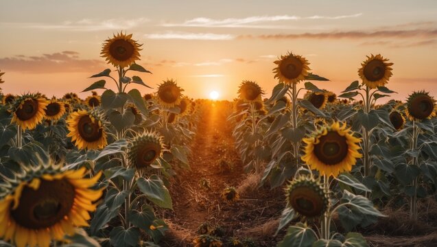Golden Sunflower Field at Sunset with Warm Evening Light and Dried Sunflowers Creating a Serene Natural Landscape Scene.