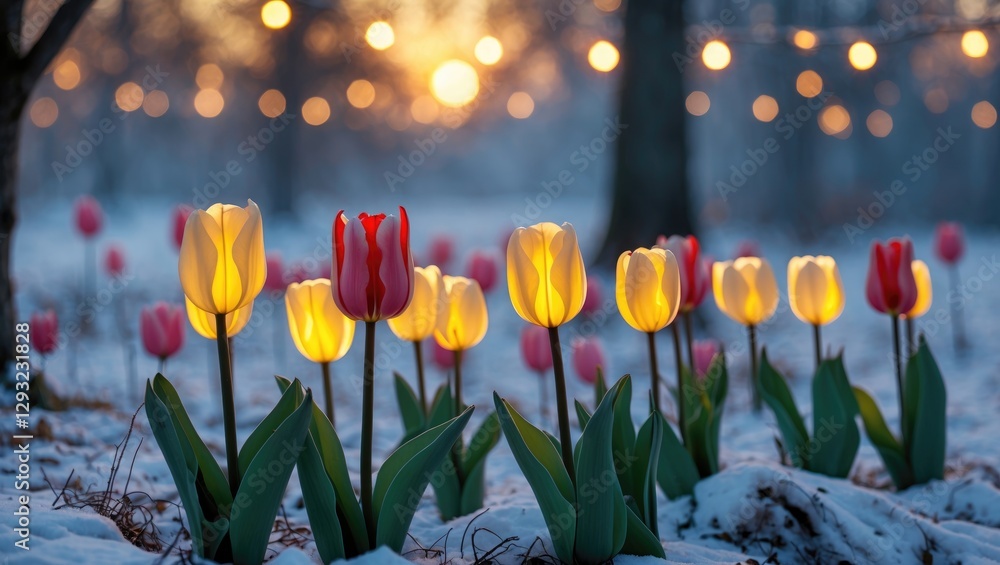 Poster illuminated winter tulips in a snowy landscape with soft lights creating a serene and enchanting atm