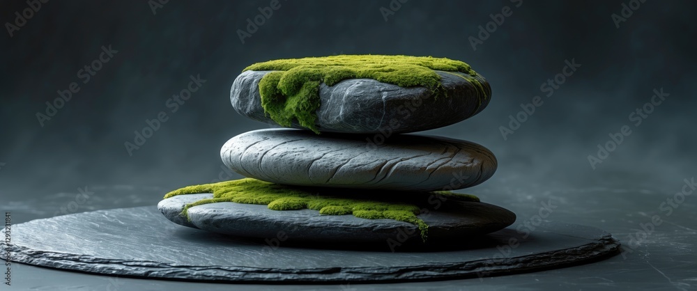 Poster three smooth stacked river stones adorned with moss on a textured slate surface creating a serene an