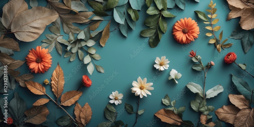 Poster colorful floral arrangement with leaves on teal background for design projects and presentations wit
