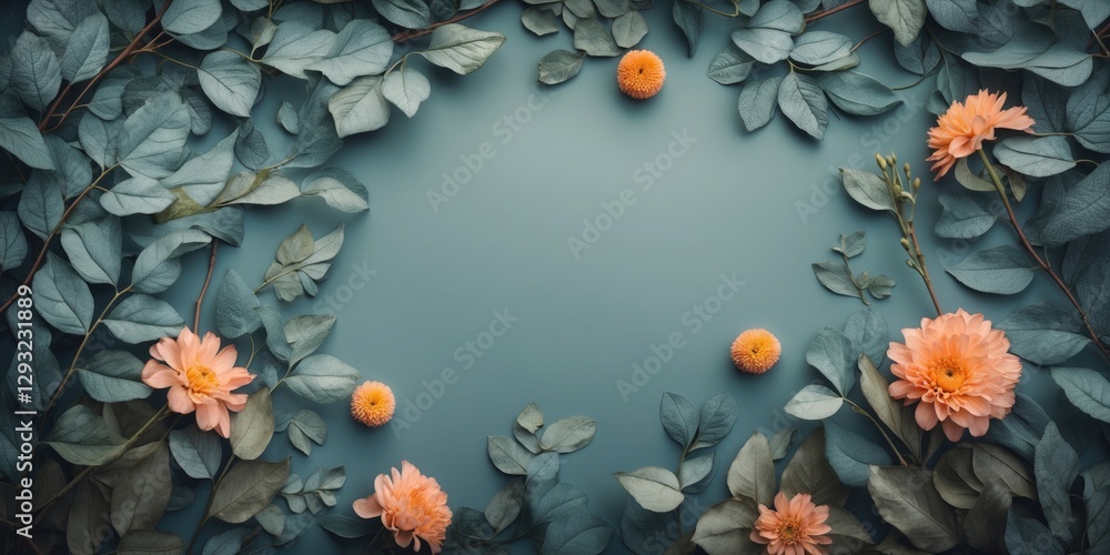 Aufkleber botanical frame with green leaves and peach flowers on background for elegant design or presentation
