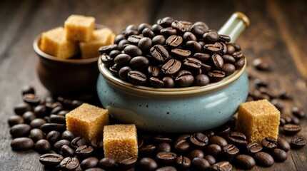 Fototapeta premium Roasted coffee beans piled in a ceramic pot with brown sugar cubes on a wooden surface creating a warm and inviting coffee scene.