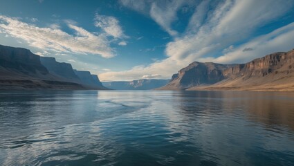 Obraz premium Majestic Landscape View of Serene Waters Reflecting Dramatic Cloud Patterns and Breathtaking Mountainous Terrain Under Clear Blue Skies