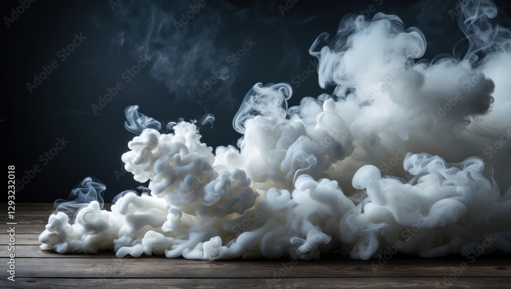 Poster fluffy white smoke swirling over a dark background creating a dramatic and atmospheric visual effect