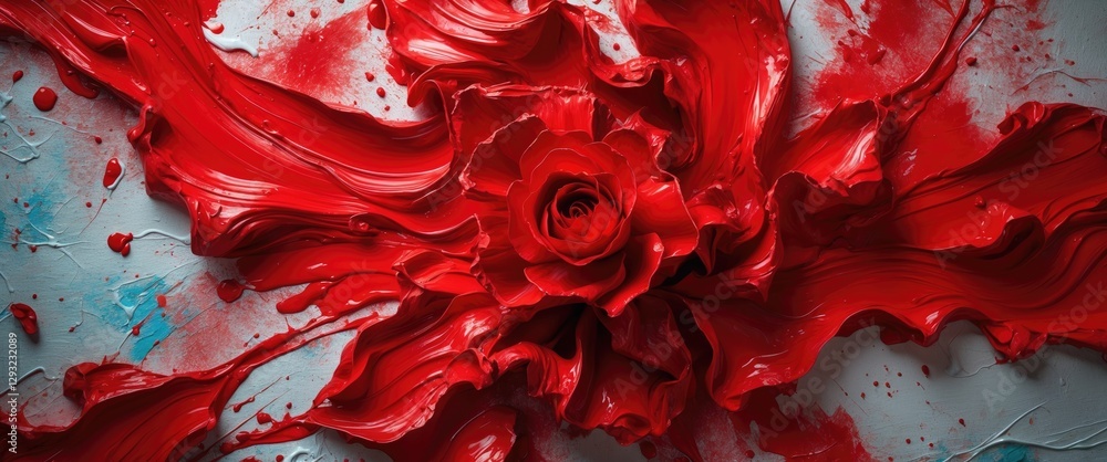 Poster vivid red oil painting texture with rose motif creating a dynamic and expressive visual composition 