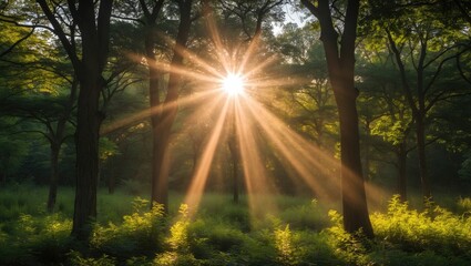 Sunlight Filtering Through Tree Canopy in Lush Green Forest Landscape