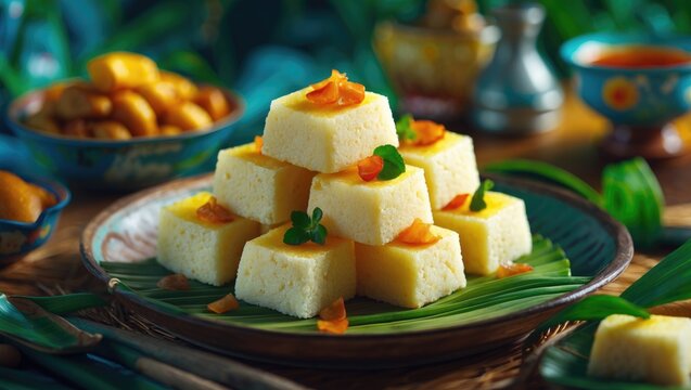 Steamed Filipino rice cake kutsinta stacked elegantly on a platter garnished with leaves and toppings showcasing traditional culinary art.