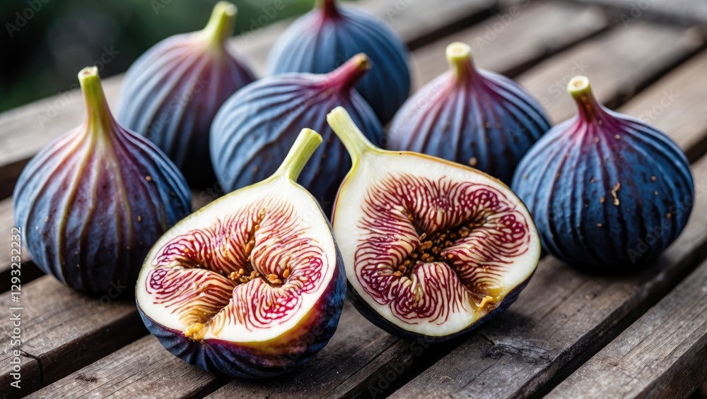 Aufkleber fresh figs arranged on a wooden table with one sliced in half highlighting its intricate internal pa