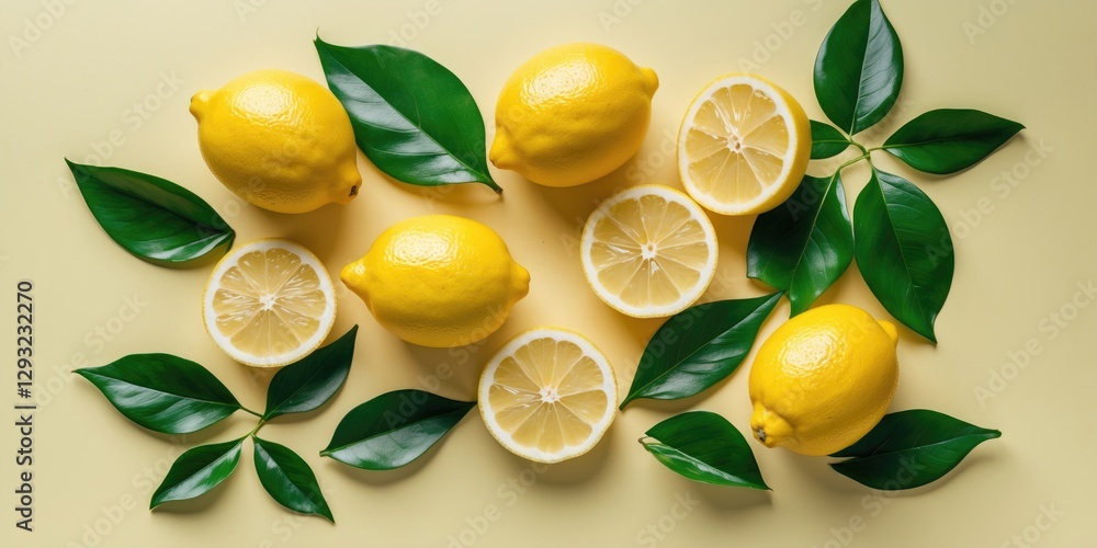 Aufkleber fresh lemons and green leaves on yellow background top view with slices and empty copy space for tex