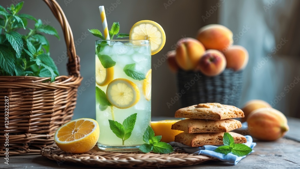 Poster refreshing lemonade with mint and lemon slices served with apricot biscuits and a basket of peaches 