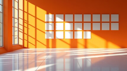 Orange room, sunlight, blank canvases, modern interior, gallery display