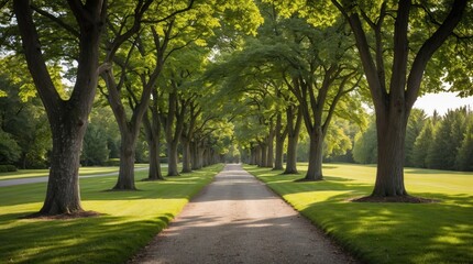 Fototapeta premium Lush green tree-lined path in a serene landscape on a bright summer day inviting tranquility and natural beauty.