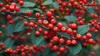 Fototapeta premium Vibrant Red Viburnum Berries on Branches with Lush Green Leaves for Herbal Tea and Natural Remedies Copy Space Available