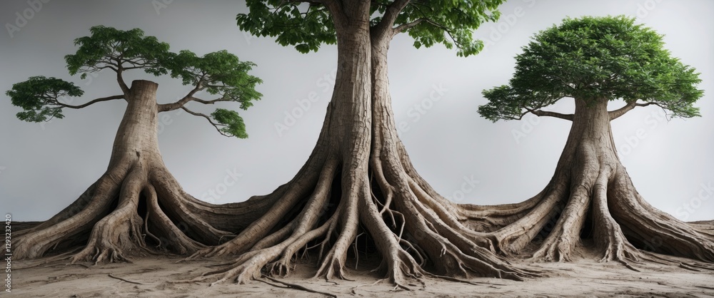 Poster three unique tree trunks growing from a shared root system with space for text in a natural setting
