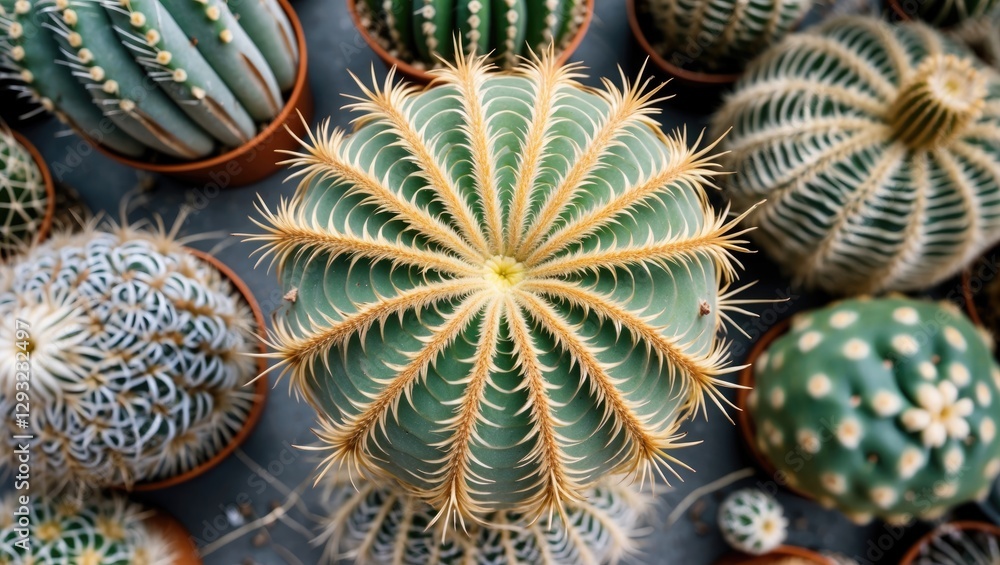 Poster top view of large golden barrel cactus echinocactus with unique patterns and textures surrounded by 