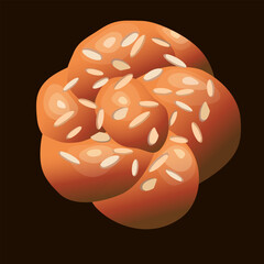 Authentic handmade Greek Tsoureki (sweet braided bread) with mastic of Chios and filleted almonds. Traditional Easter cuisine. Vector illustration on black background.