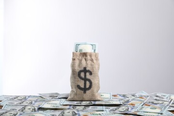 Burlap sack with dollar banknotes against light background