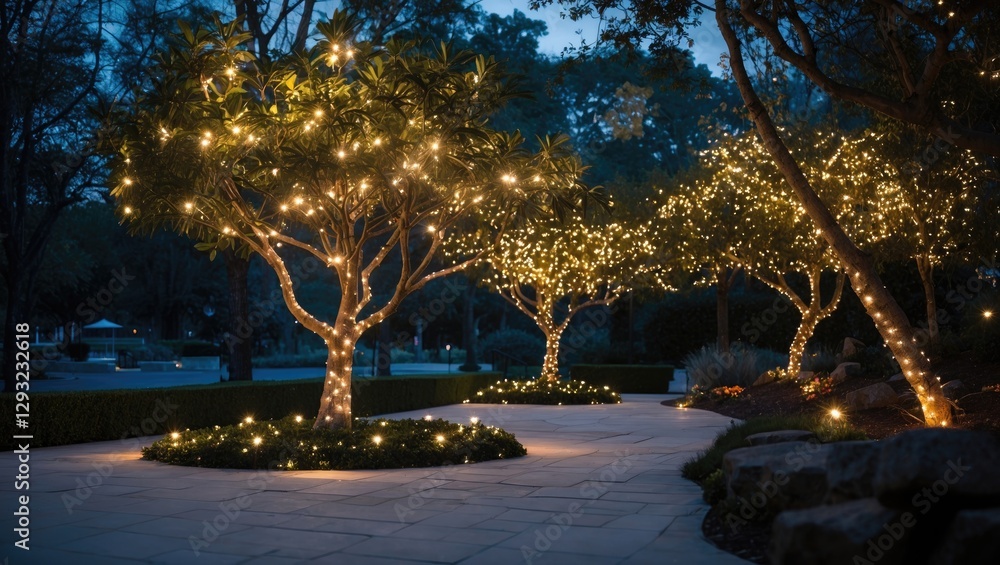 Aufkleber enchanting garden scene with illuminated trees adorned in twinkling lights during twilight, creating