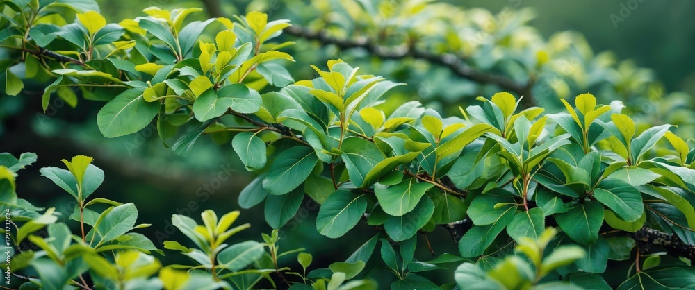 Poster fresh green rowan leaves in nature with lush foliage featuring space for text or design elements in 