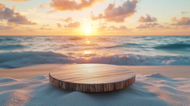 Minimalist wooden podium on a sandy beach at sunrise