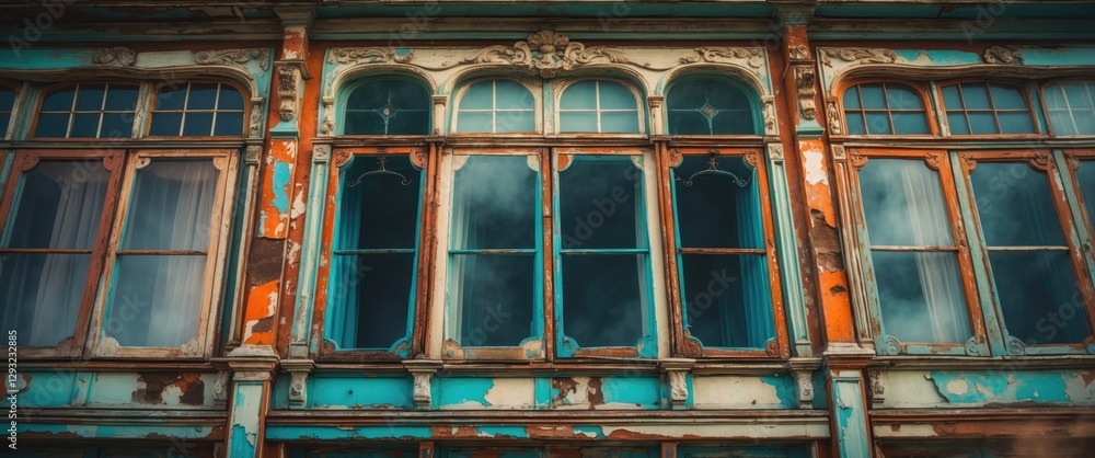 Aufkleber vintage architecture featuring distressed retro windows on an ornate building with peeling paint and