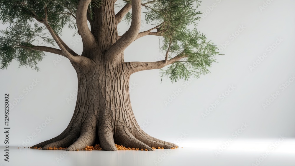 Poster realistic tree trunk and root section on a clean white background showcasing natural textures and de