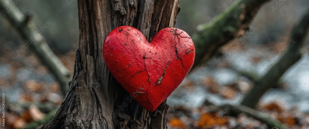 Poster heart symbol on decaying tree trunk with nature background ideal for romantic or environmental theme